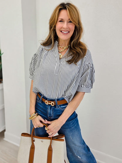 Striped Blouse with Banded Split Neckline