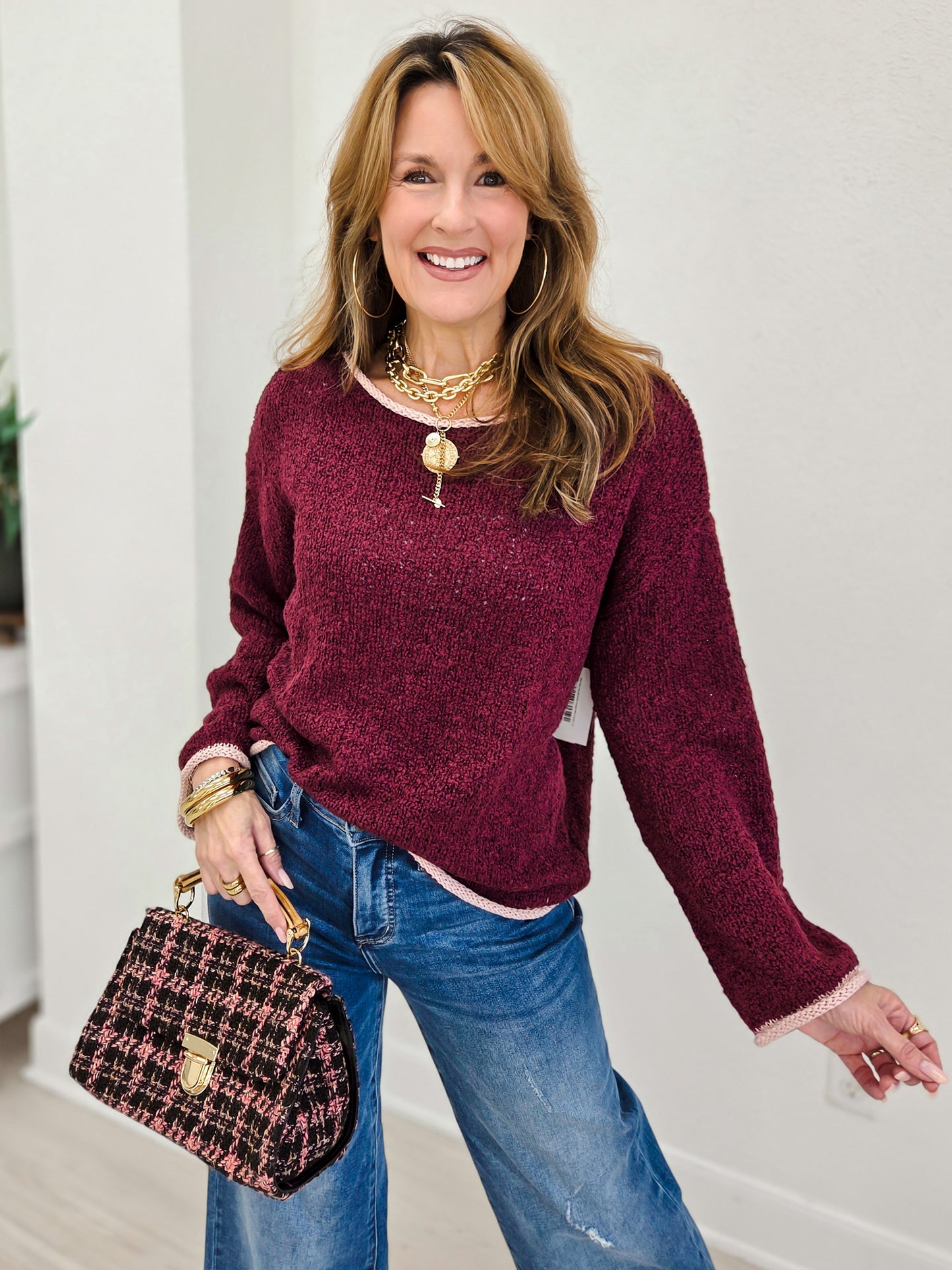 Boat Neck Long Sleeve Knit Sweater With Contrast Trim