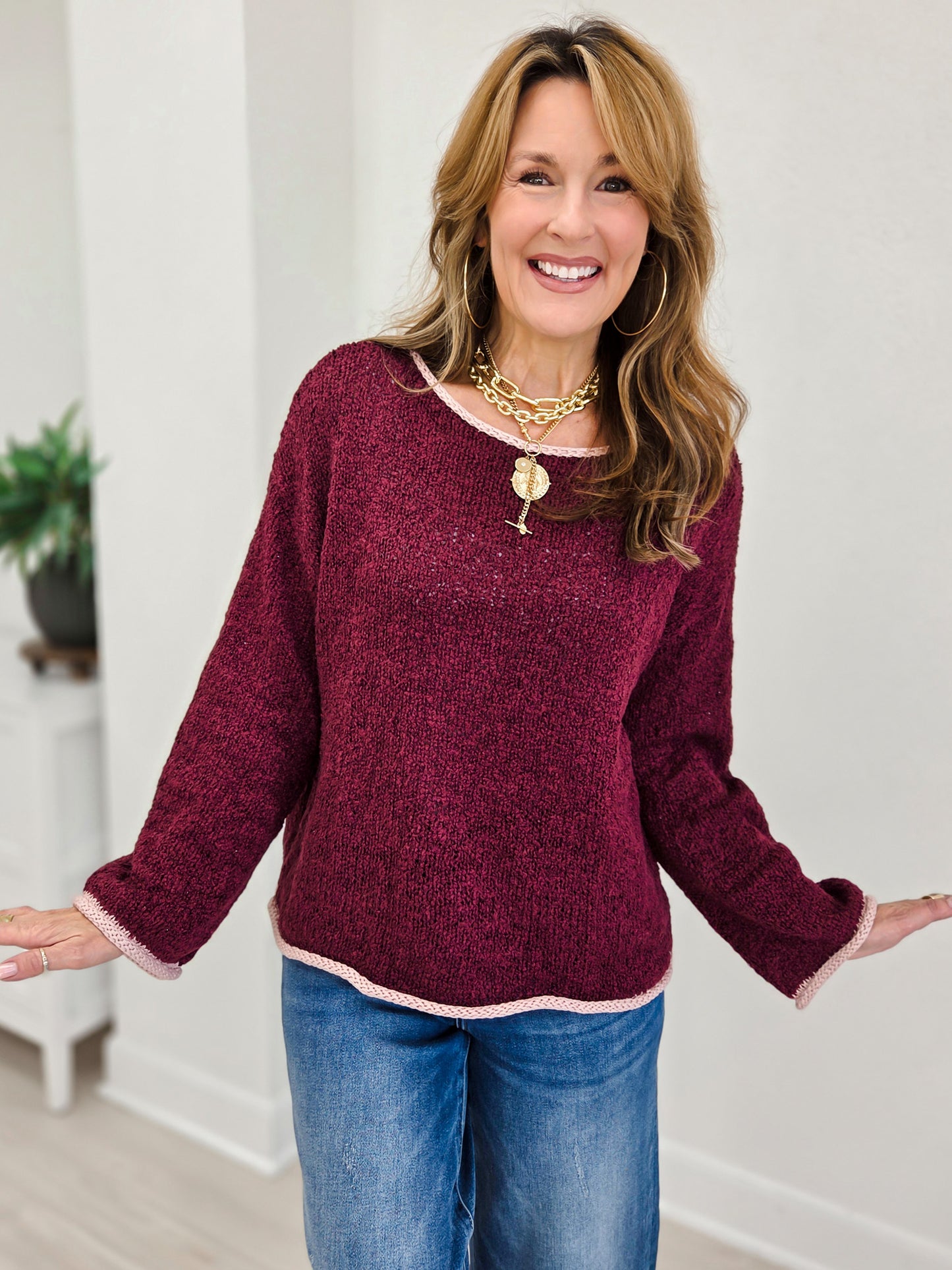 Boat Neck Long Sleeve Knit Sweater With Contrast Trim