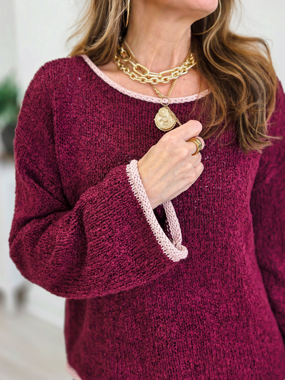 Boat Neck Long Sleeve Knit Sweater With Contrast Trim