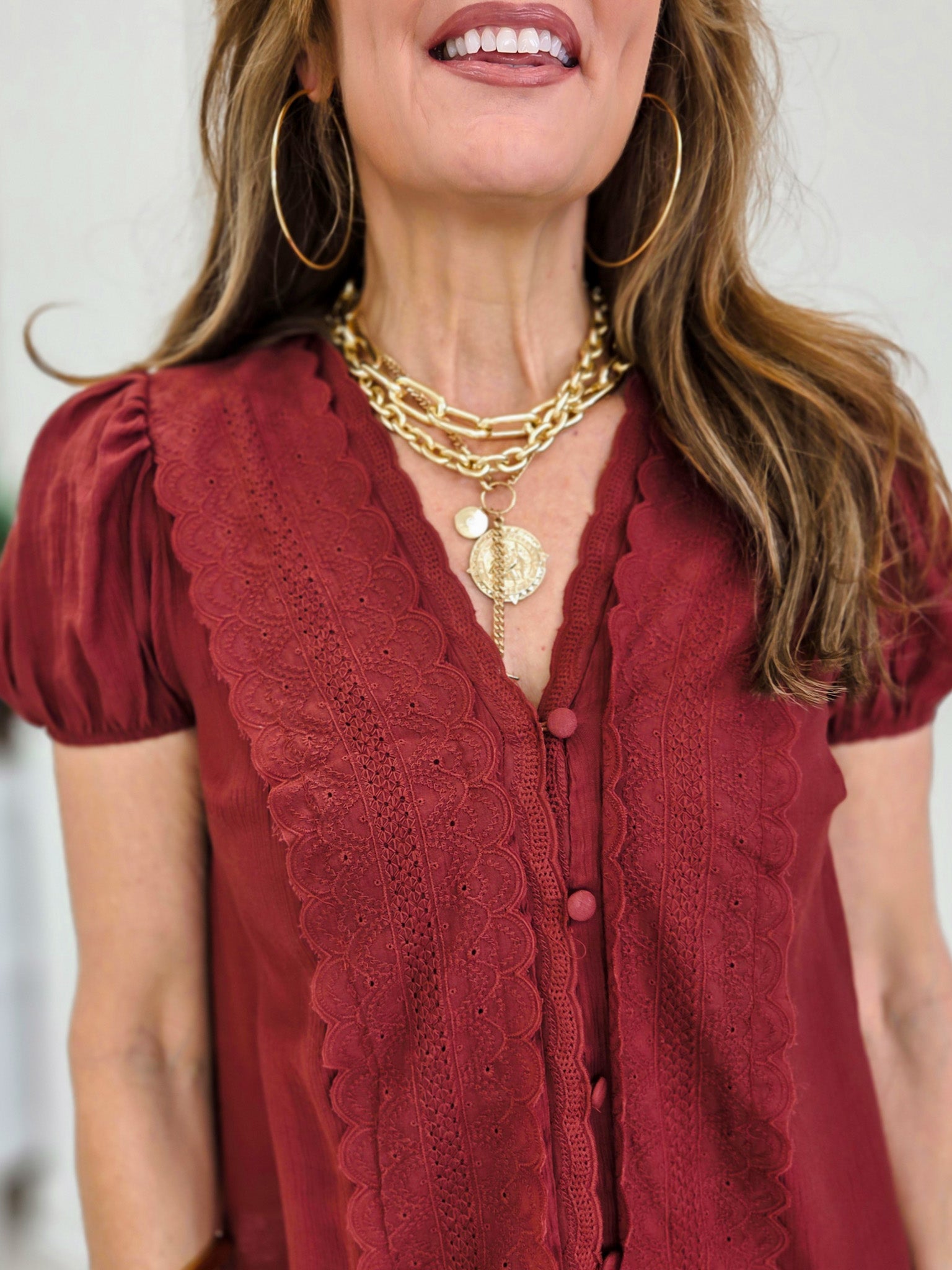 Lace Detail Puff Sleeve Button Down Blouse