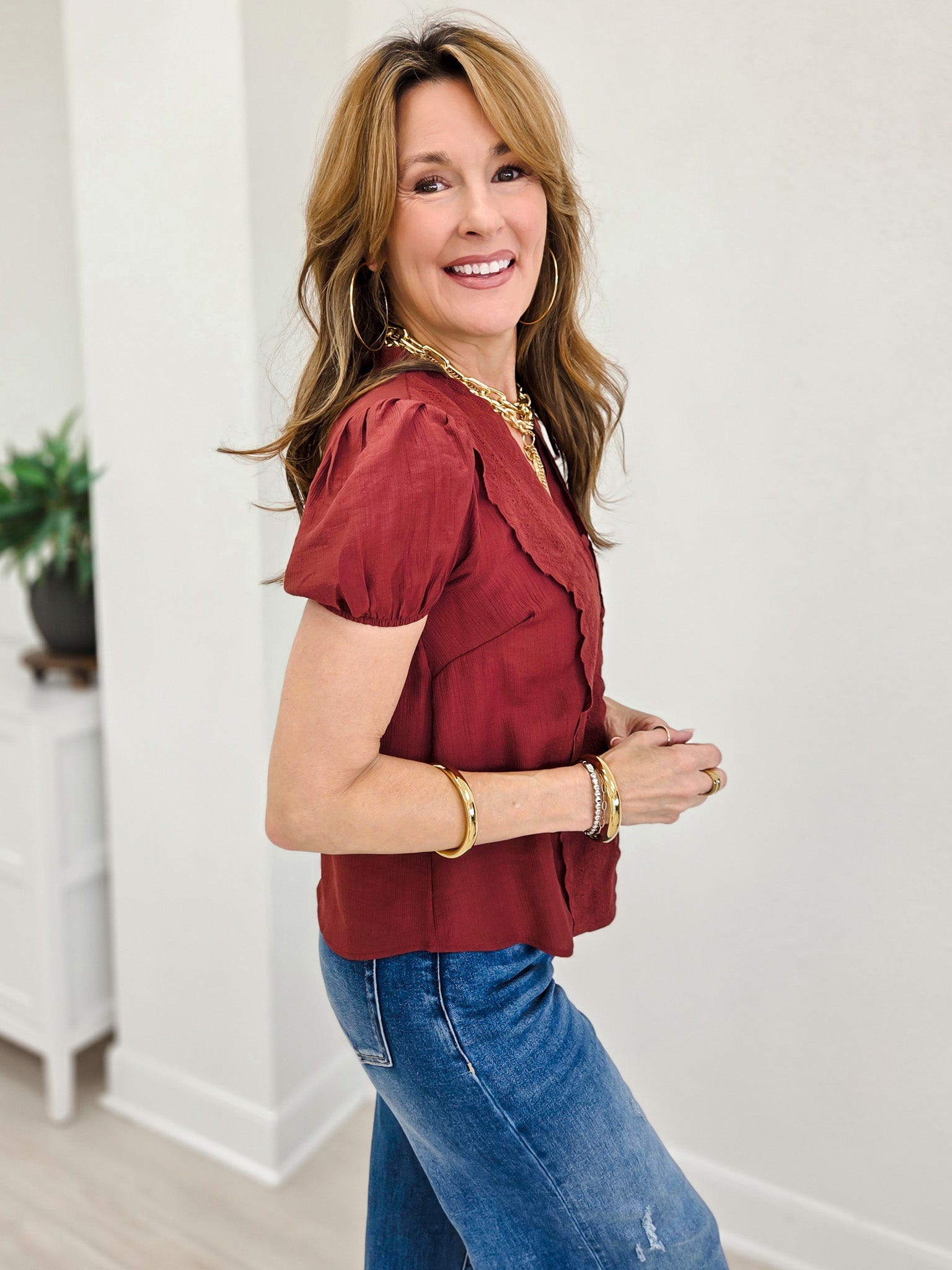 Lace Detail Puff Sleeve Button Down Blouse