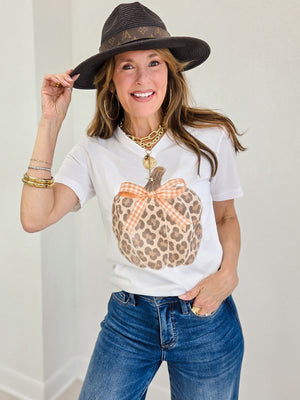 Leopard Pumpkin V-Neck Graphic Tee