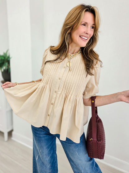 Cotton Pin Tuck Puff Sleeve Blouse