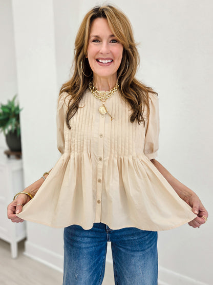 Cotton Pin Tuck Puff Sleeve Blouse