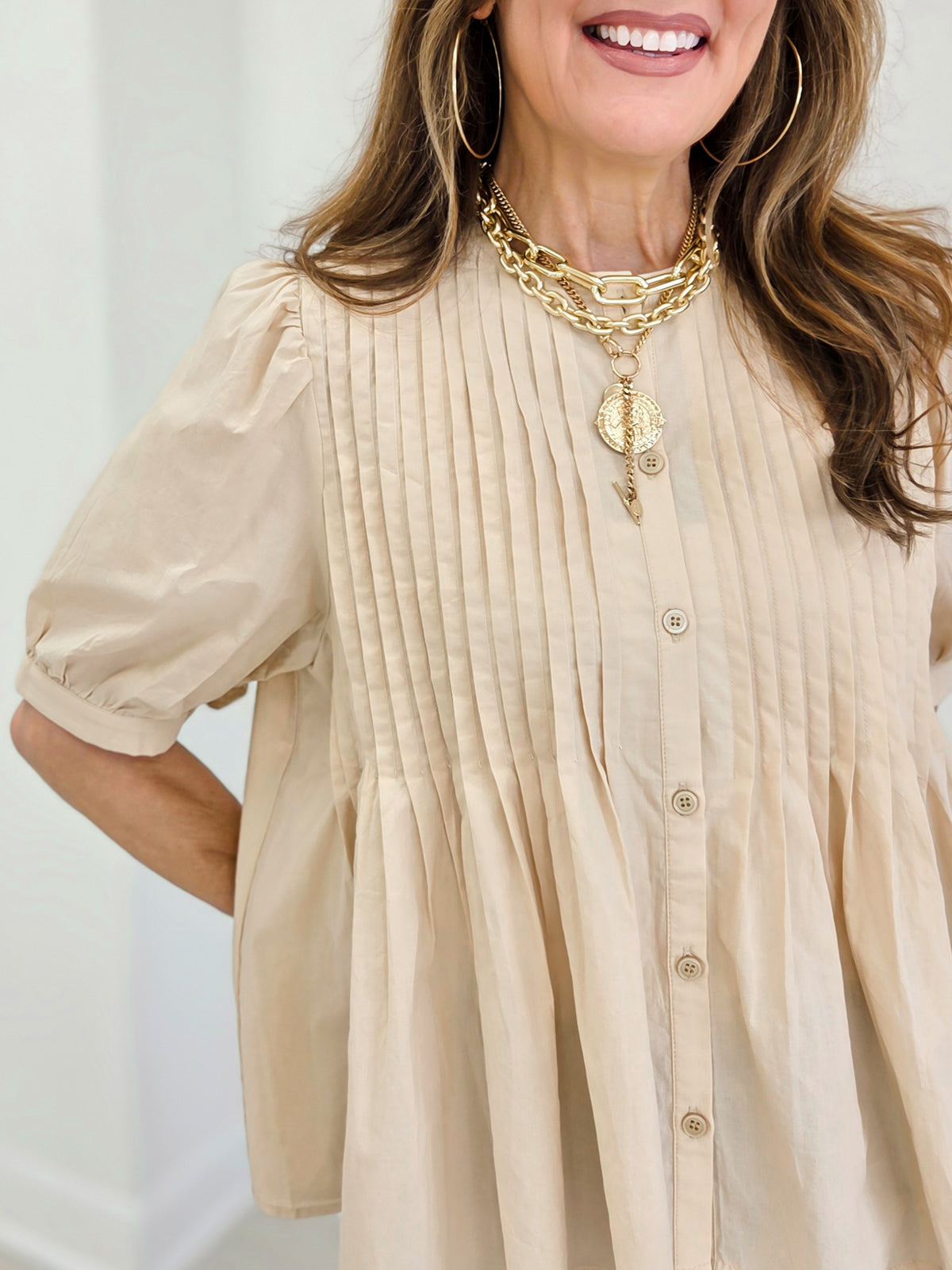 Cotton Pin Tuck Puff Sleeve Blouse