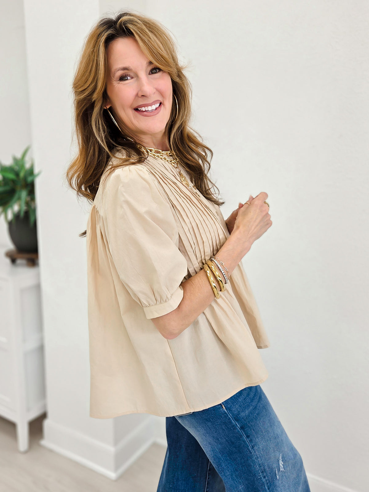 Cotton Pin Tuck Puff Sleeve Blouse