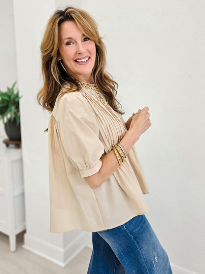 Cotton Pin Tuck Puff Sleeve Blouse