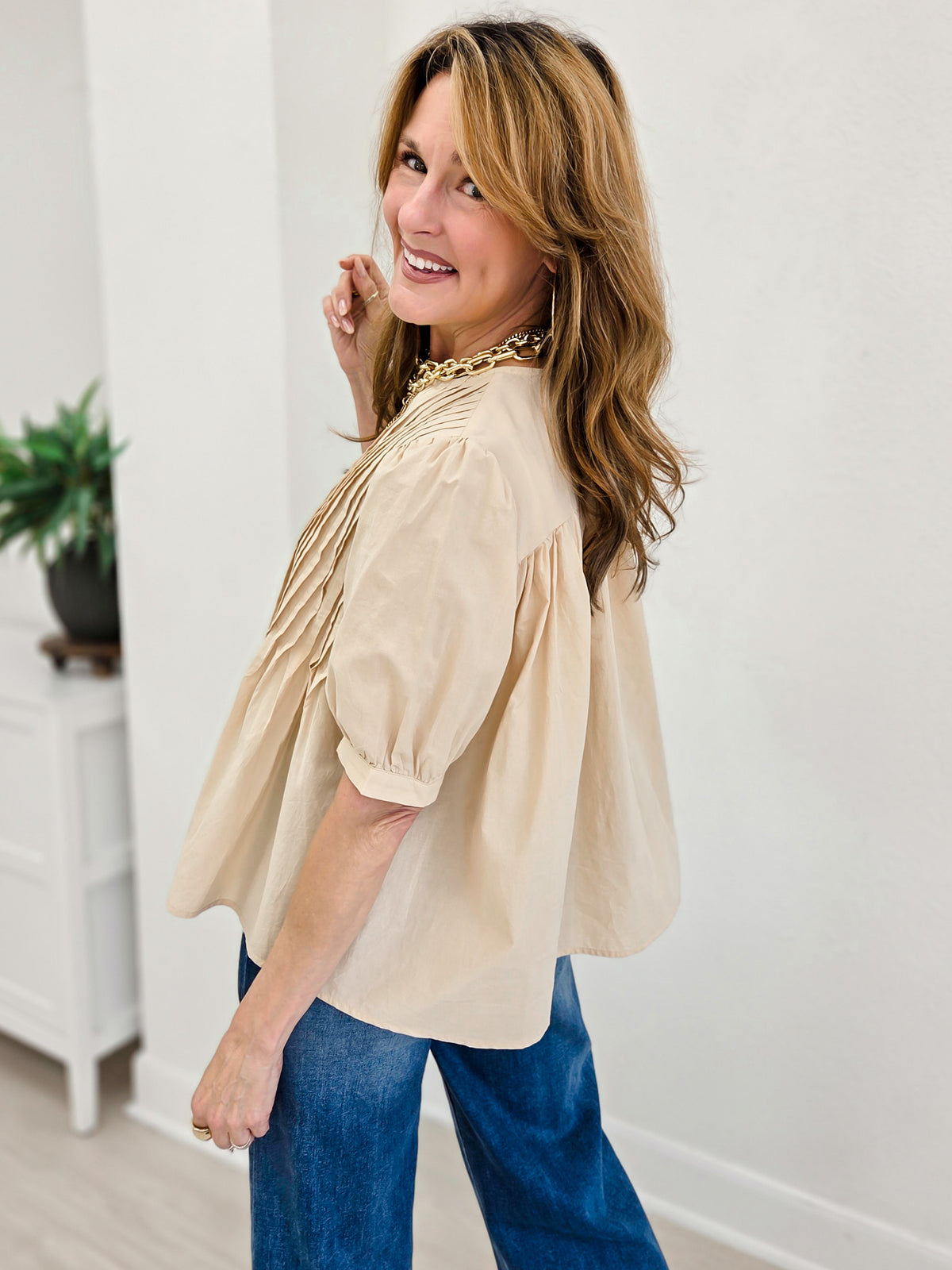 Cotton Pin Tuck Puff Sleeve Blouse