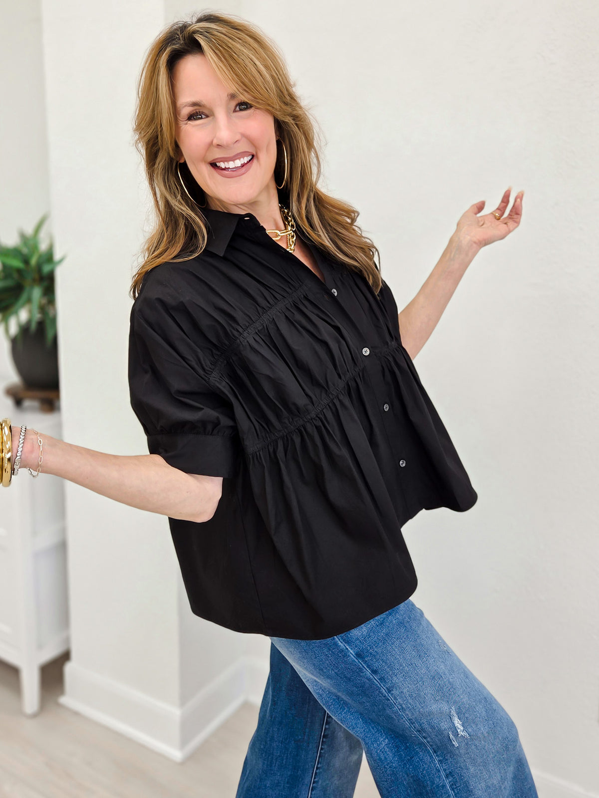 Elise Textured Shirred Waist Poplin Blouse