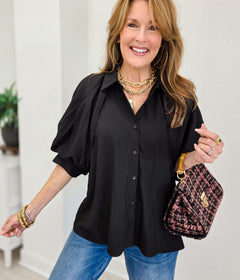 Sheer Organza Bubble Sleeve Button Down Blouse