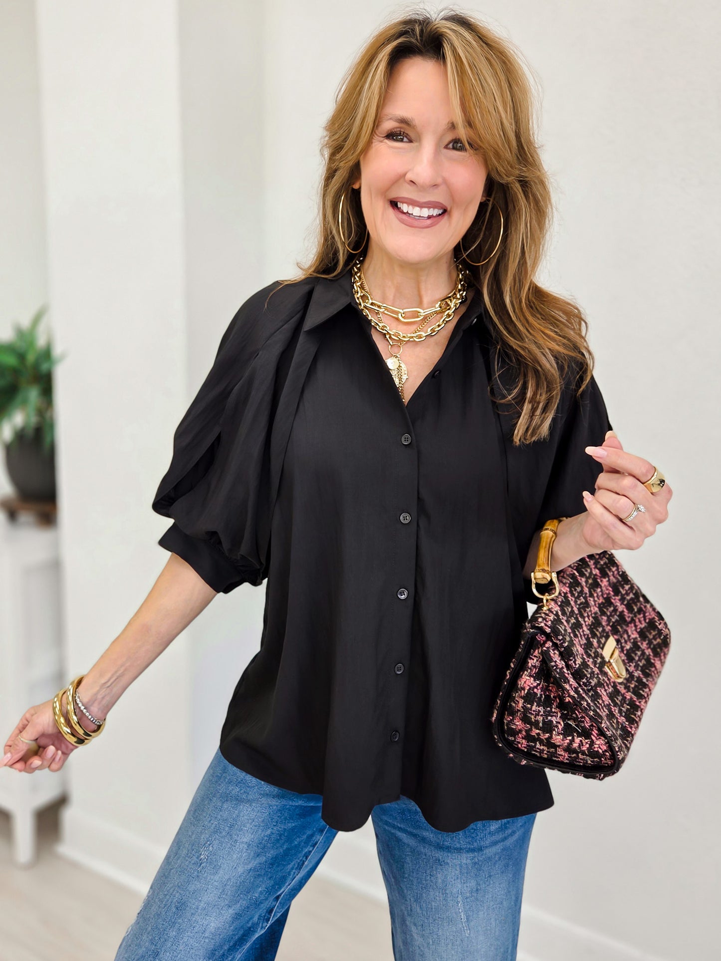 Sheer Organza Bubble Sleeve Button Down Blouse