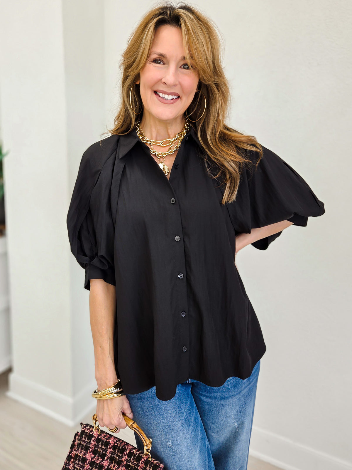 Sheer Organza Bubble Sleeve Button Down Blouse