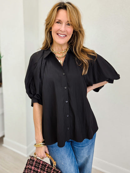 Sheer Organza Bubble Sleeve Button Down Blouse
