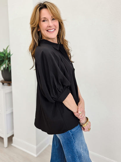 Sheer Organza Bubble Sleeve Button Down Blouse