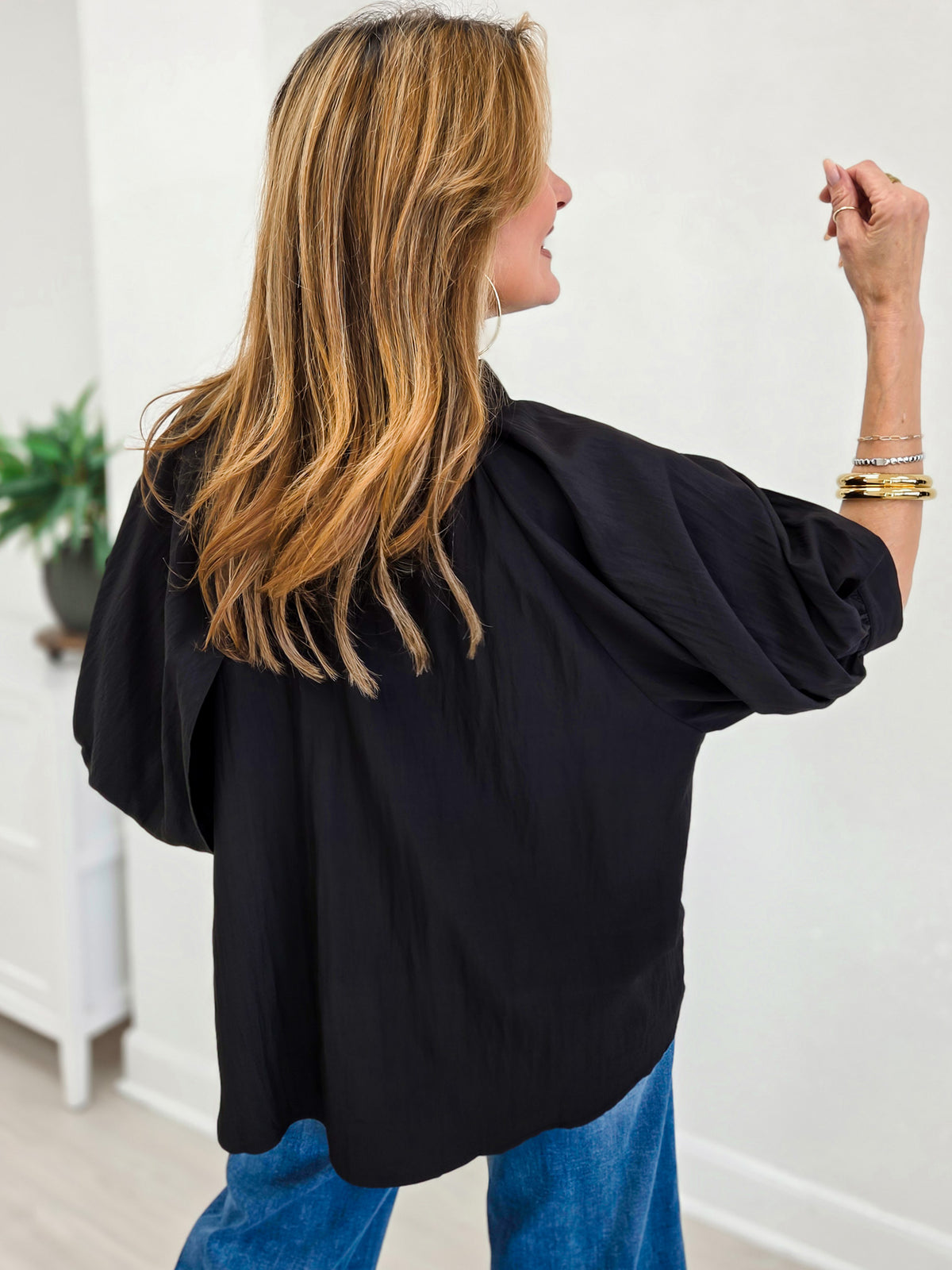 Sheer Organza Bubble Sleeve Button Down Blouse