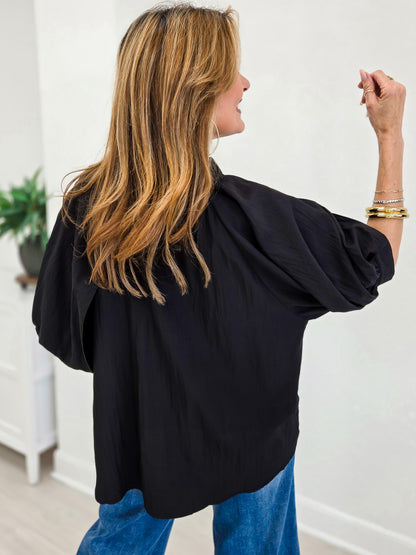 Sheer Organza Bubble Sleeve Button Down Blouse