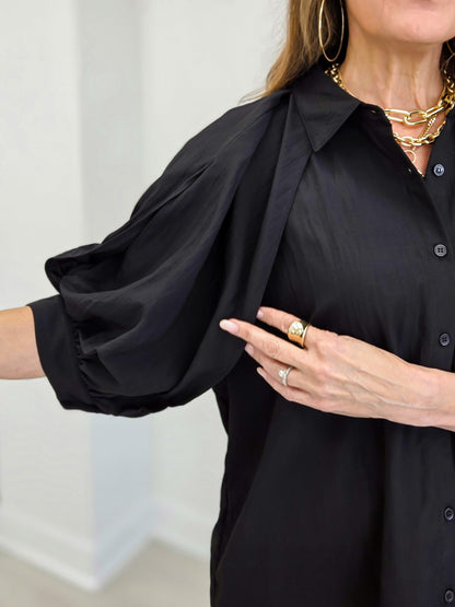 Sheer Organza Bubble Sleeve Button Down Blouse