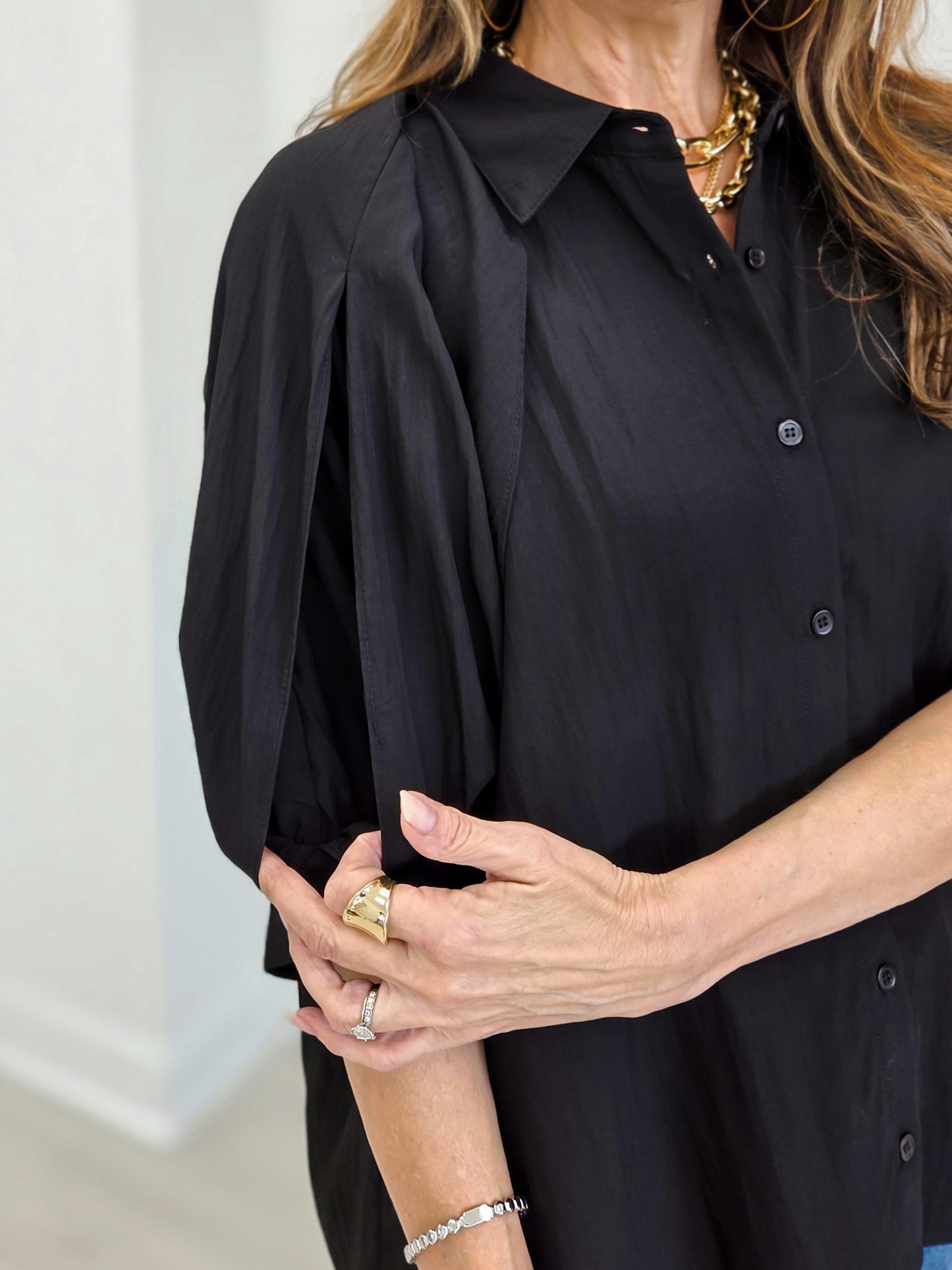 Sheer Organza Bubble Sleeve Button Down Blouse