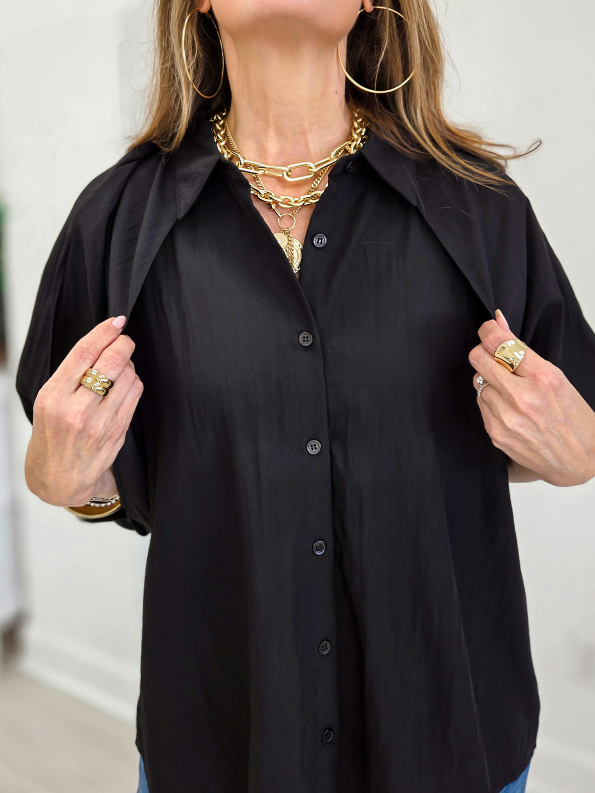 Sheer Organza Bubble Sleeve Button Down Blouse