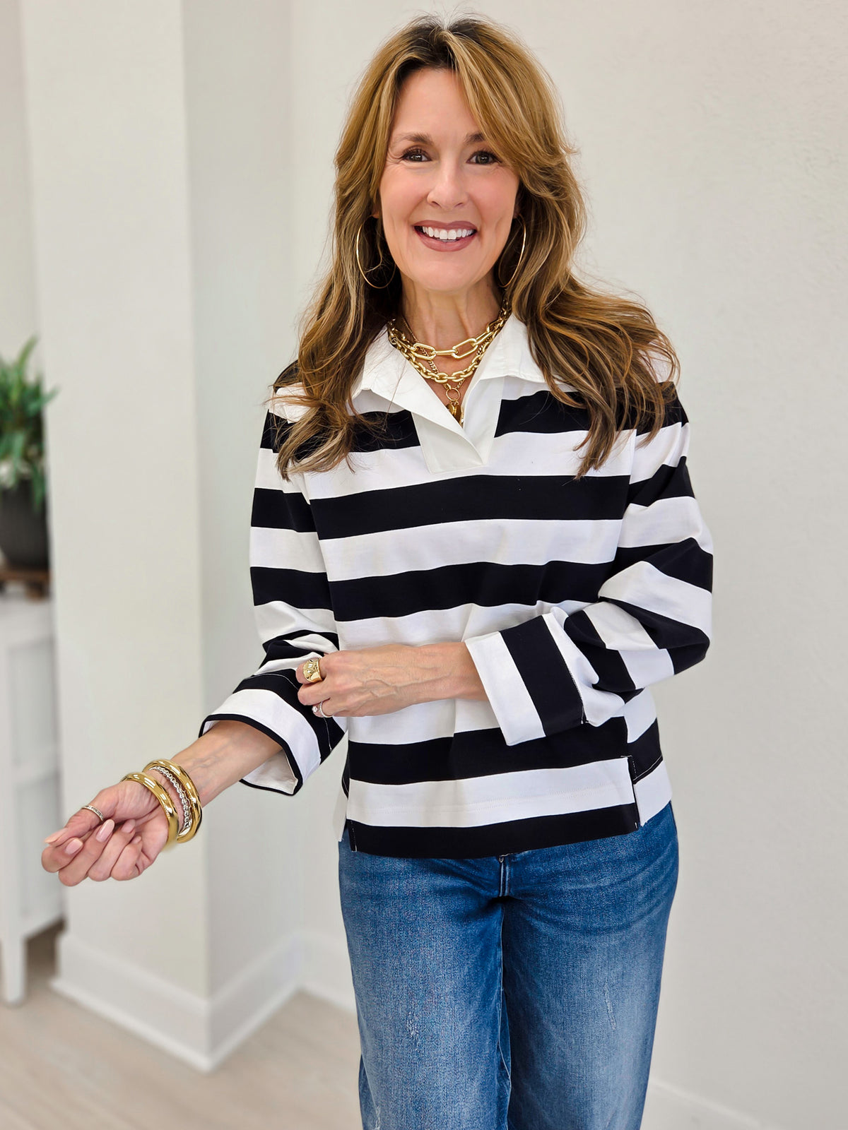 Noelle Stripe Rugby Top With Woven Collar & Cuffs