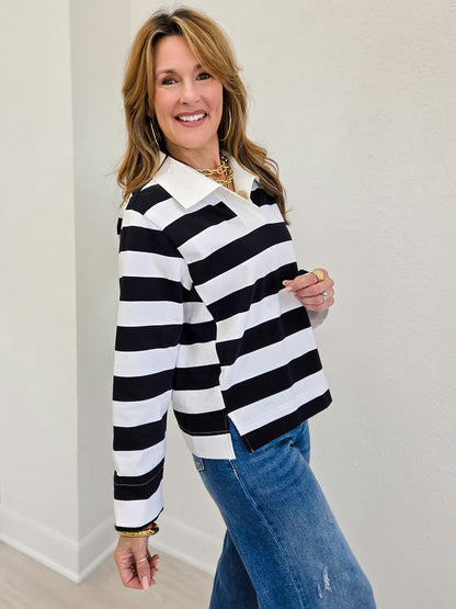 Noelle Stripe Rugby Top With Woven Collar & Cuffs