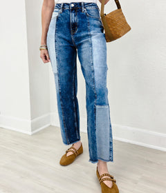 Stretchy Patchwork Designed Cropped jeans with Freayed Hem