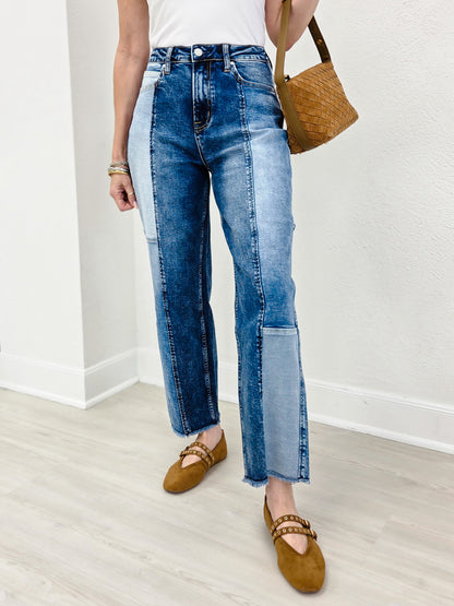 Stretchy Patchwork Designed Cropped jeans with Freayed Hem
