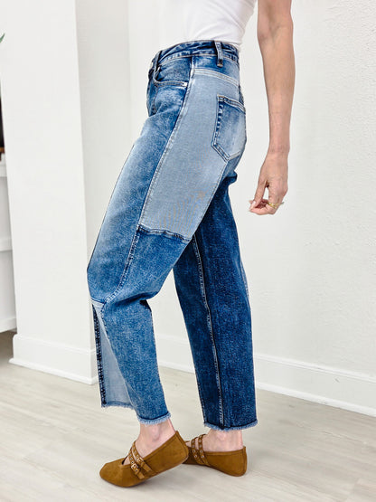 Stretchy Patchwork Designed Cropped jeans with Freayed Hem
