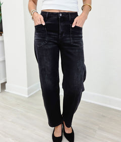 Stretch Denim Barrel Jeans With Angled Pocket