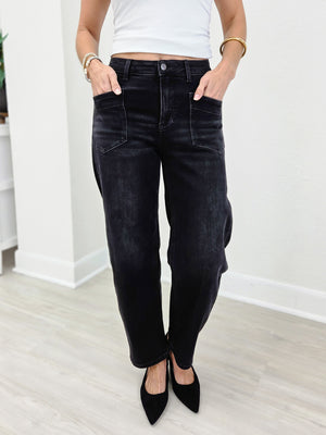 Stretch Denim Barrel Jeans With Angled Pocket
