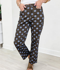 Polka Dot Print Cotton Twill Wide Straight Leg Pants