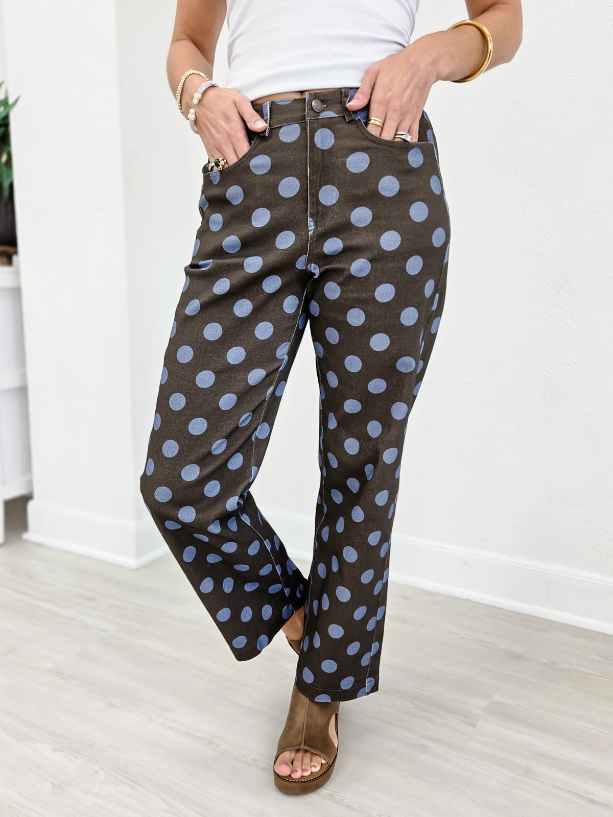 Polka Dot Print Cotton Twill Wide Straight Leg Pants