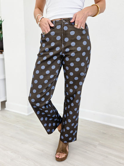 Polka Dot Print Cotton Twill Wide Straight Leg Pants