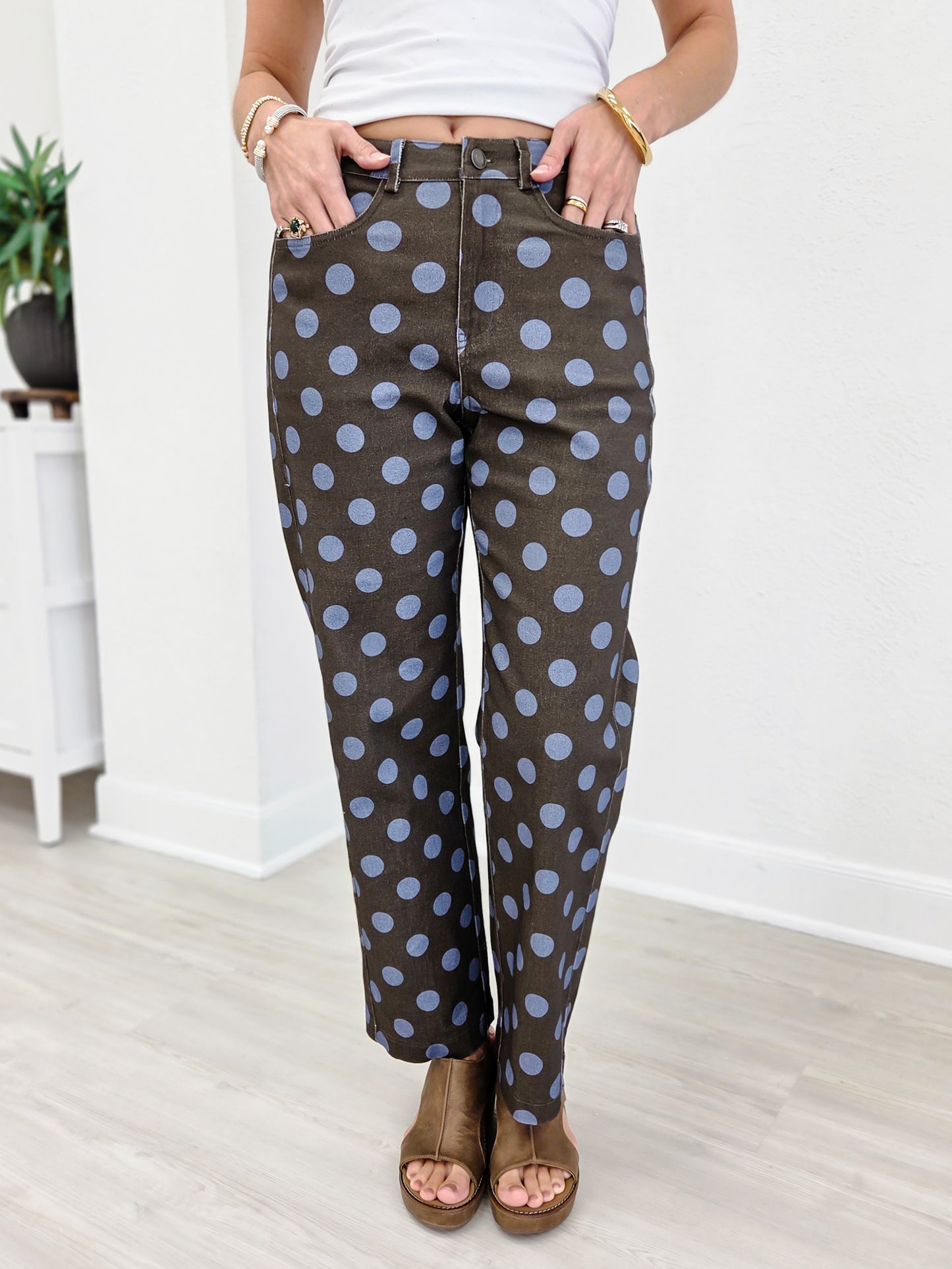 Polka Dot Print Cotton Twill Wide Straight Leg Pants