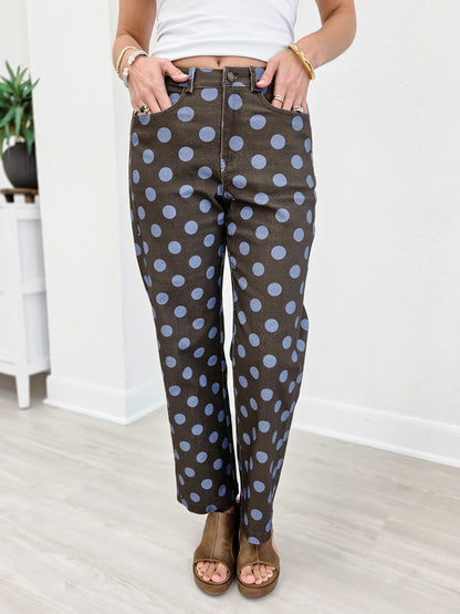 Polka Dot Print Cotton Twill Wide Straight Leg Pants