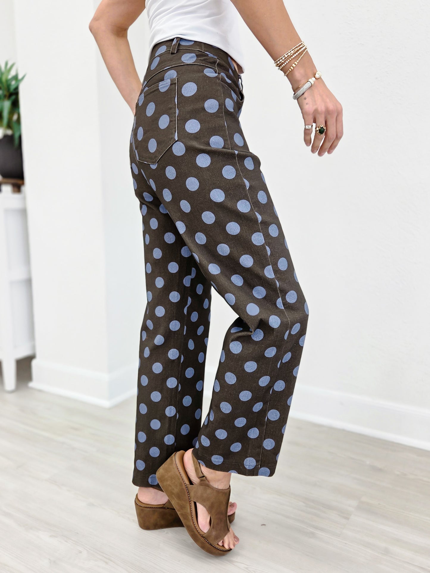 Polka Dot Print Cotton Twill Wide Straight Leg Pants