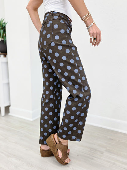 Polka Dot Print Cotton Twill Wide Straight Leg Pants