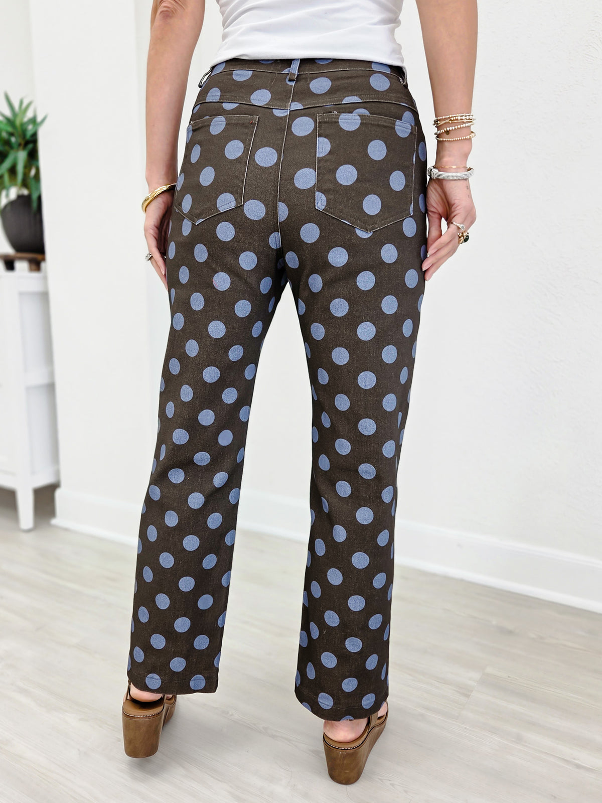 Polka Dot Print Cotton Twill Wide Straight Leg Pants
