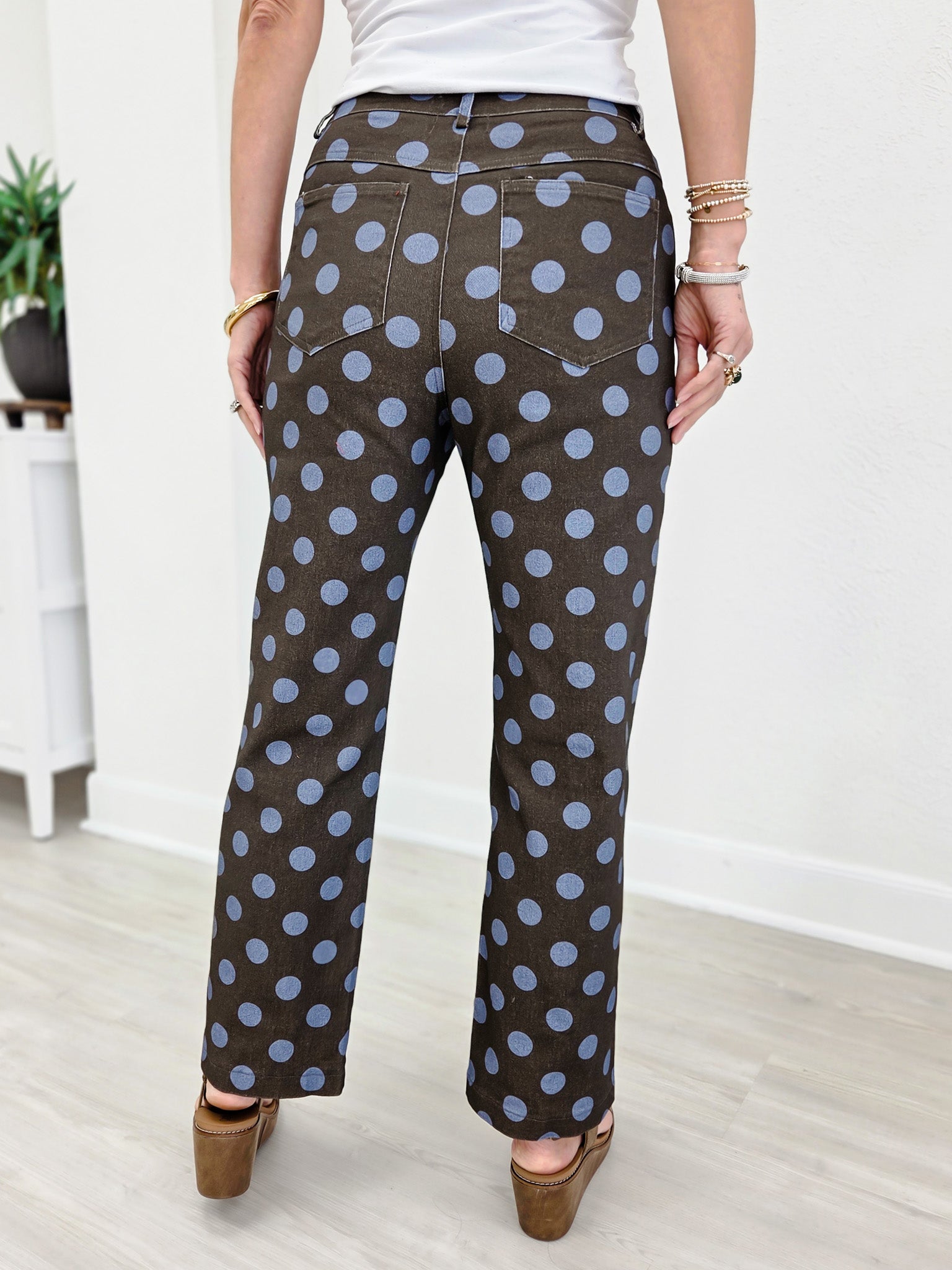 Polka Dot Print Cotton Twill Wide Straight Leg Pants