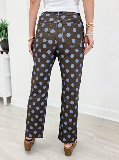 Polka Dot Print Cotton Twill Wide Straight Leg Pants