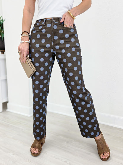 Polka Dot Print Cotton Twill Wide Straight Leg Pants