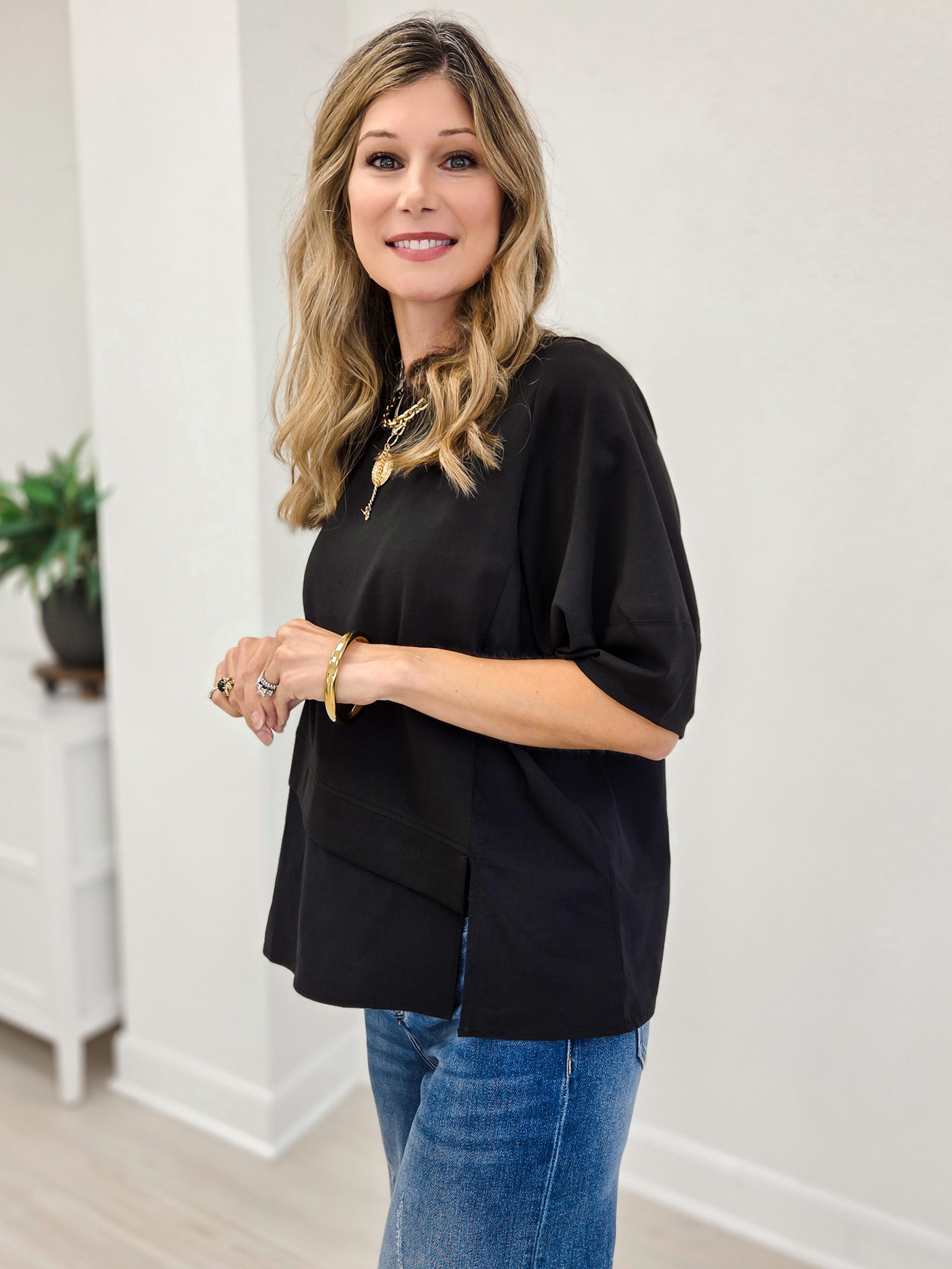 Modern Mixed Fabric Oversized Top