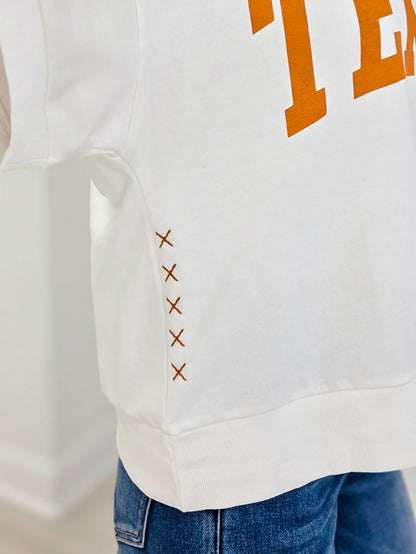 Boxy Short Sleeve Sweatshirt With Bold TEXAS Print and Ribbed Trim