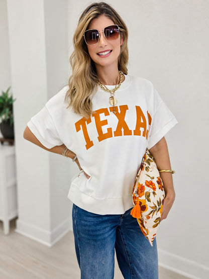 Boxy Short Sleeve Sweatshirt With Bold TEXAS Print and Ribbed Trim