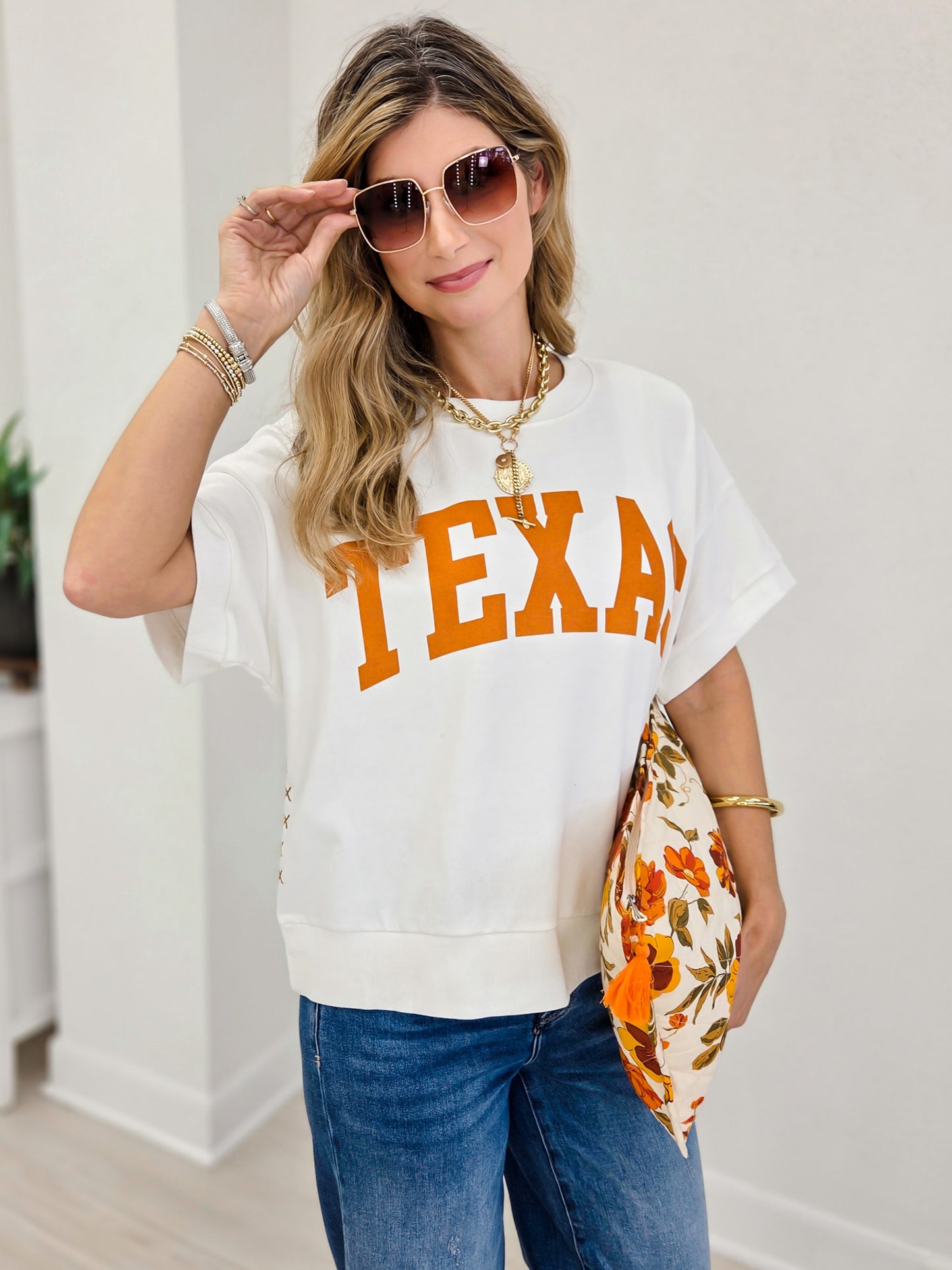 Boxy Short Sleeve Sweatshirt With Bold TEXAS Print and Ribbed Trim