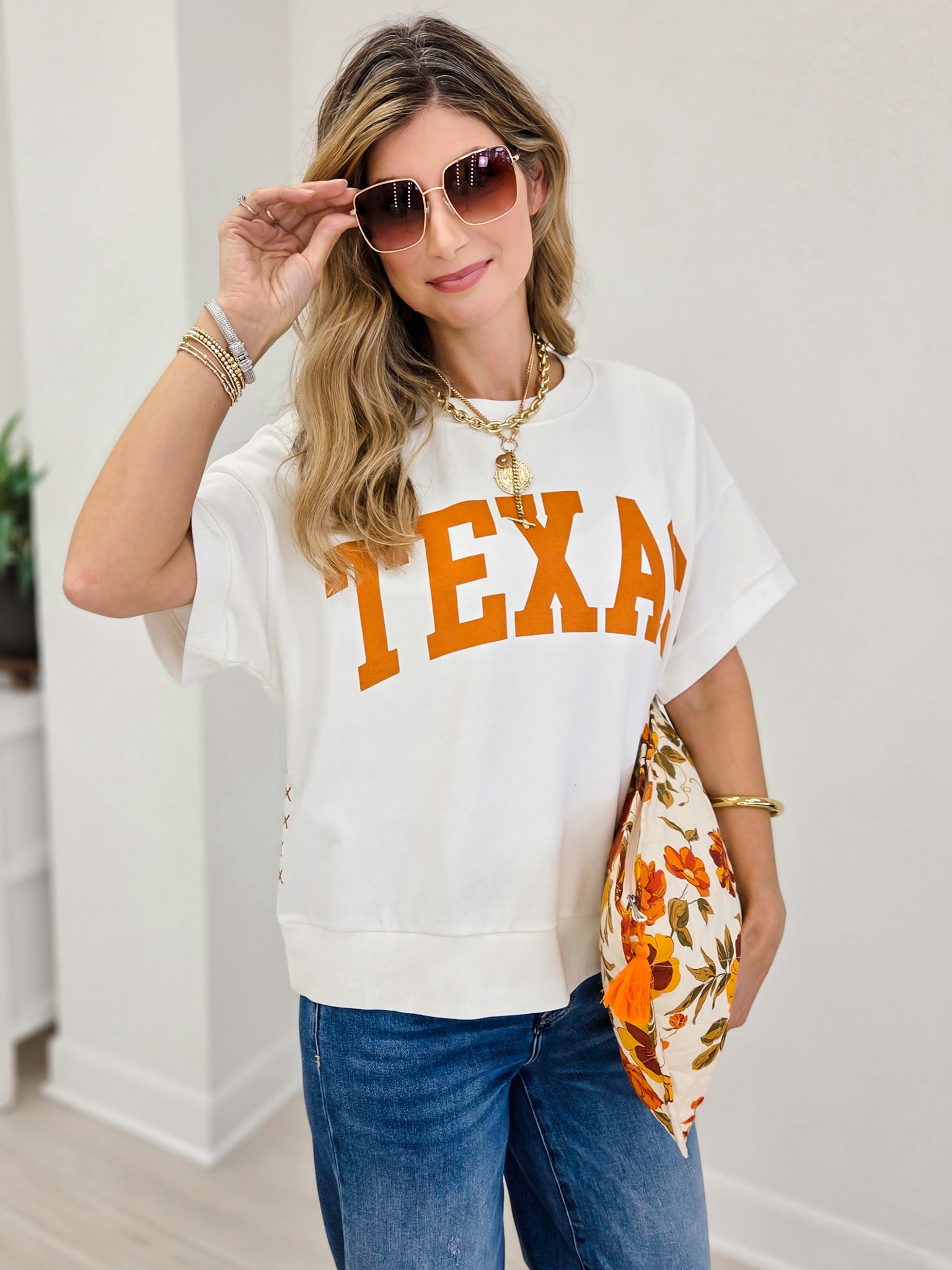 Boxy Short Sleeve Sweatshirt With Bold TEXAS Print and Ribbed Trim