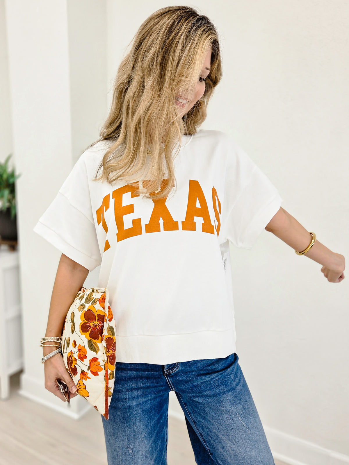 Boxy Short Sleeve Sweatshirt With Bold TEXAS Print and Ribbed Trim