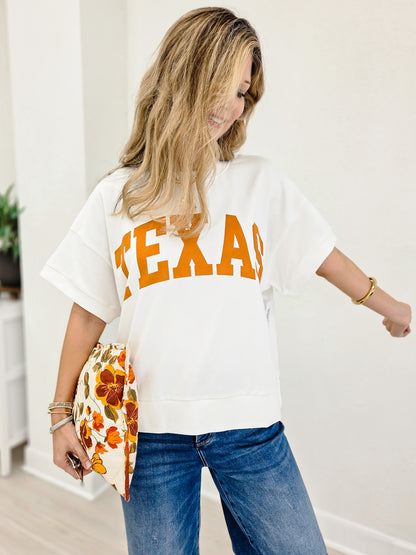 Boxy Short Sleeve Sweatshirt With Bold TEXAS Print and Ribbed Trim