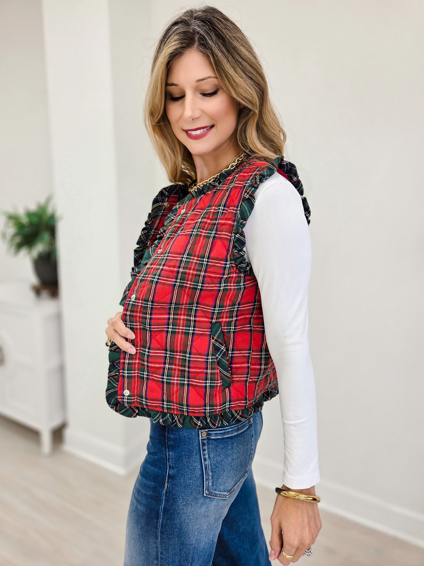 Tartan Check Quilted Ruffle Vest